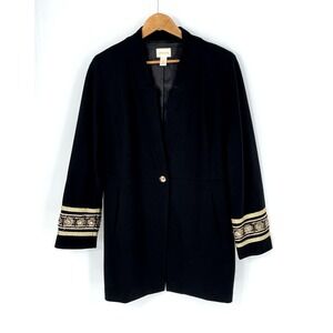 Chico's Womens Size 2 L/XL Ponte Black Jacket/Coat with Gold Trim Novelty Cuff
